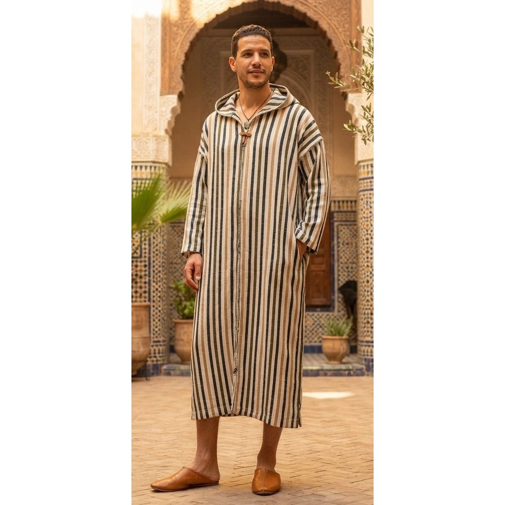 Vintage North African Striped Djellaba Hooded Maxi Tunic Boho Robe Kaftan XL?